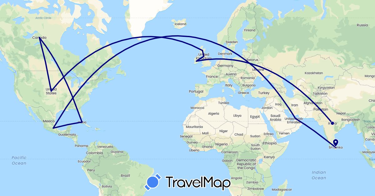 TravelMap itinerary: driving in United Arab Emirates, Canada, Cuba, United Kingdom, Ireland, India, Sri Lanka, Mexico, United States (Asia, Europe, North America)